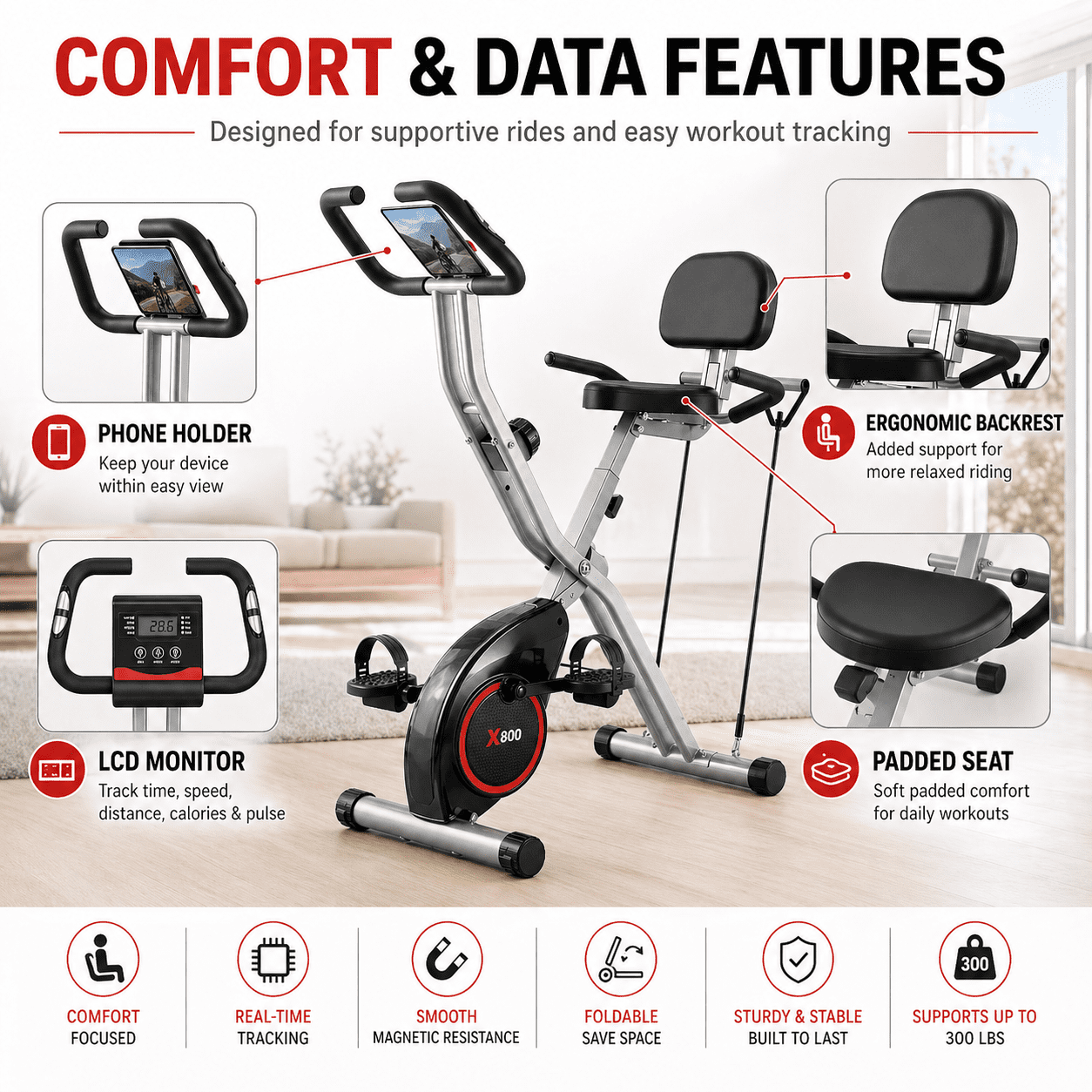USLIM 5‑in‑1 Foldable Exercise Bike for Home, 16‑Level Magnetic Resistance Stationary Bike with Arm Bands, Backrest, LCD Monitor, 300 lb Capacity