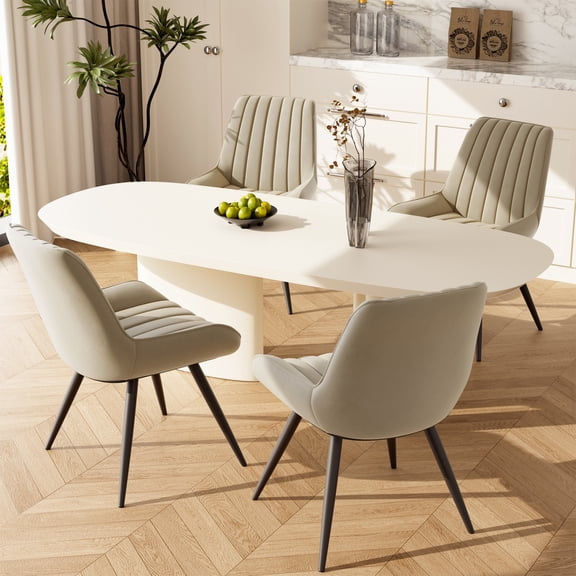 Beige Dining Chairs Set of 4 - Fabric Upholstered with Thick Cushions Metal Legs for Kitchen & Dining Room