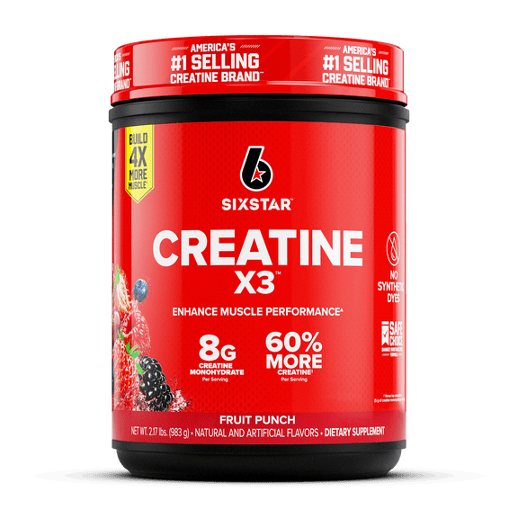 Six Star Pro Nutrition Creatine X3 BCAA Amino Acid Blend Powder, Fruit Punch, 2.18 lbs, 30 Servings