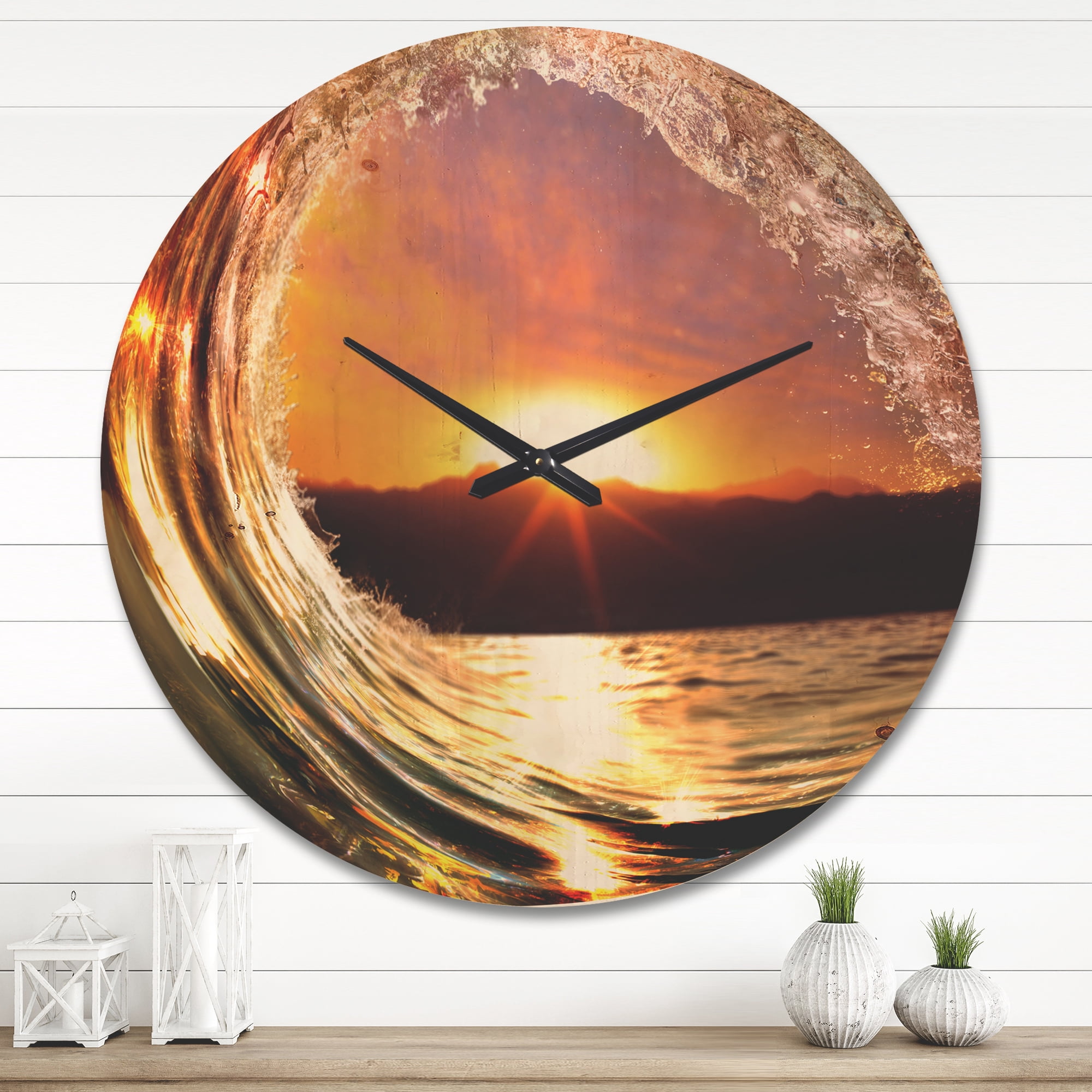 Designart 'Colored Ocean Waves Falling Down At Sunset VIII' Coastal Wood Wall Clock