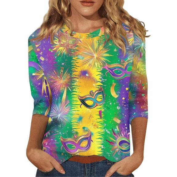 Mardi Gras Outfits for Women 3/4 Length Sleeve Plus Size Top, Cozy Round Neck Tee Shirt for 2026 Carnival Party Wear