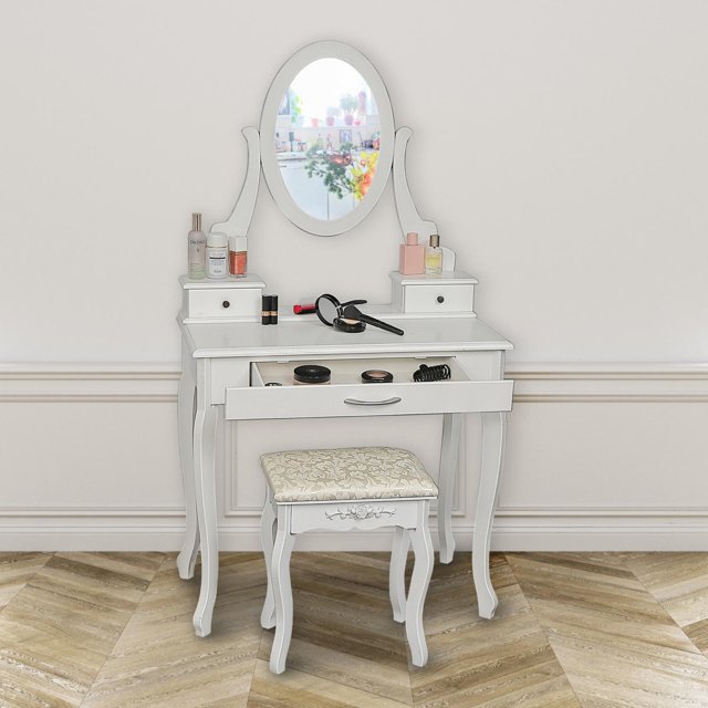Viscologic Cherish Oval Shaped Mirror Wooden Jewelry Makeup Vanity Dressing Table Set with Stool (White)