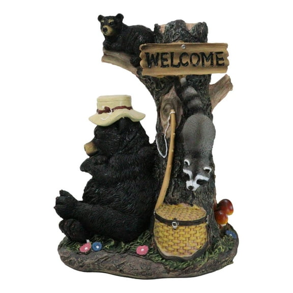 Forest Sleeping Black Bear With Cub On Tree And Sneaky Raccoon Welcome Figurine