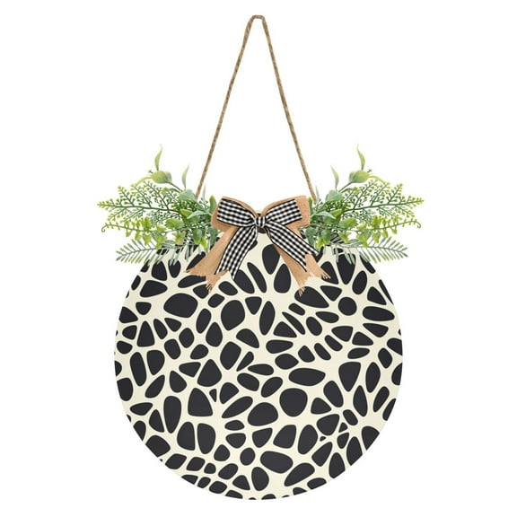 Leopard Pattern Front Door Porch Decoration Hanging Sign with Artificial Green Plants and Bow for Home Outdoor Indoor