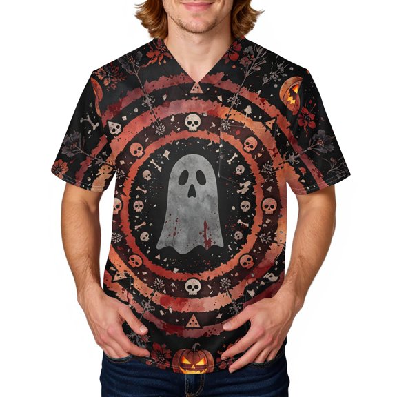 Domuza Halloween Scrub Tops Men Funny Novelty Print V-Neck Short Sleeve Working Uniform Shirts Comfy Soft Relaxed Fit Medical Workwear 4XL