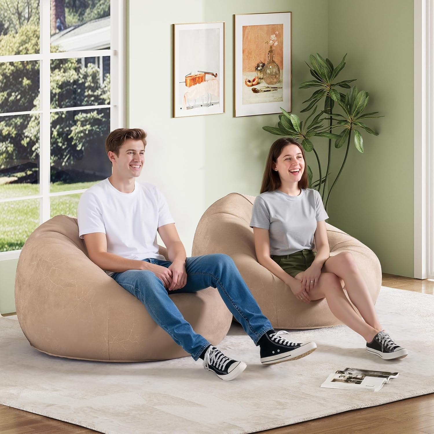 2 Pcs Bean Bag Chair for Kids Adults, Inflatable Chair, No Filler, Comfy, Suit for Dorm Gaming Room Indoor Outdoor, 2 Beige