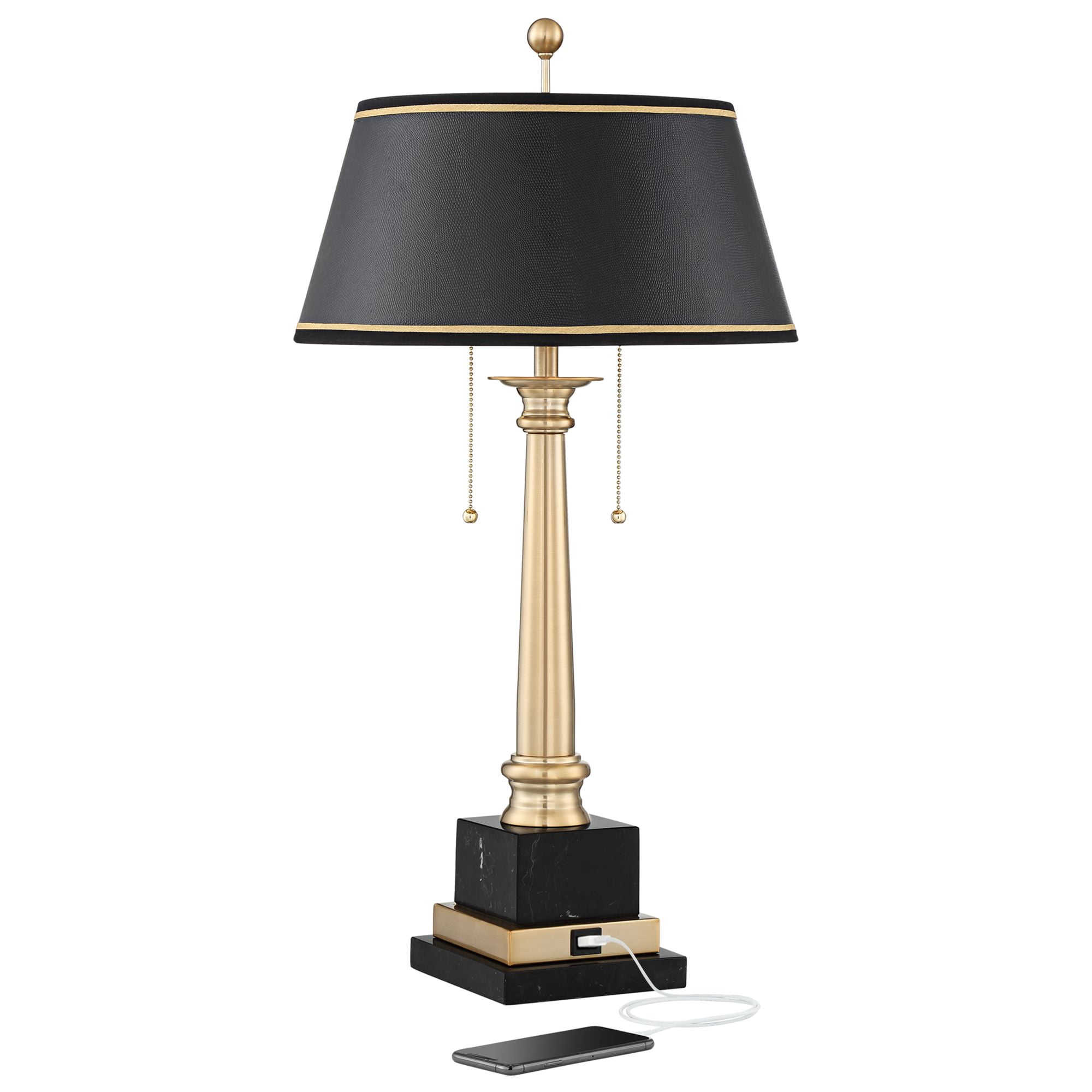 Barnes and Ivy Georgetown Traditional Desk Lamp 28 1/2" Tall Warm Brass with USB Charging Port Black Shade for Bedroom Living Room Bedside Office Kids