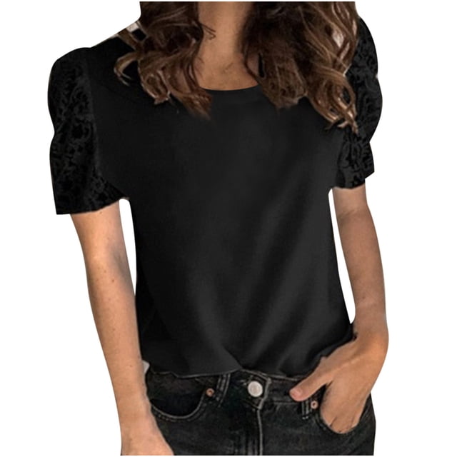 Moda mujer casual manga corta cuello redondo sólido tops encaje patchwork blusa Pompotops hkajfhjk465144