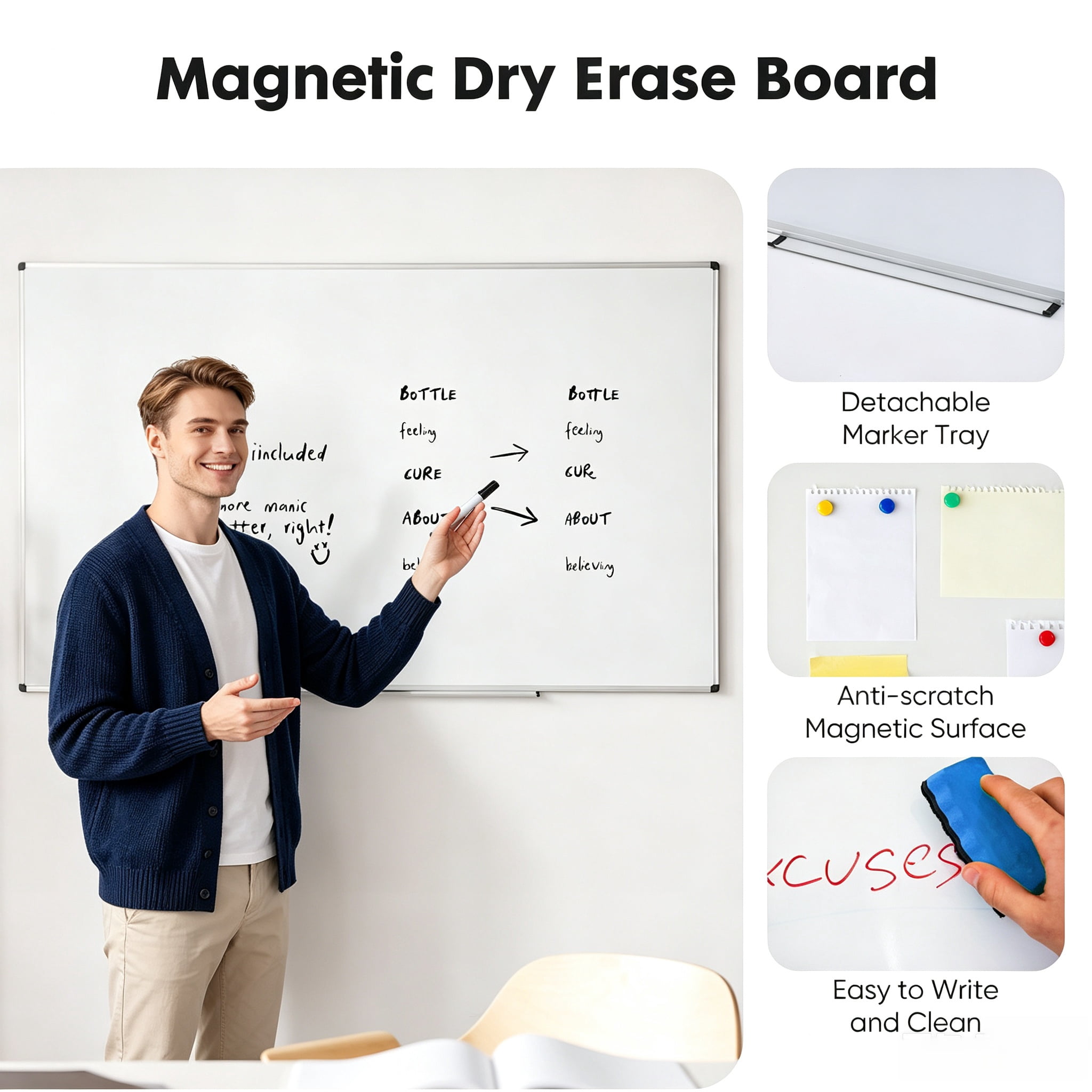 36 x 24 inch Magnetic Dry Erase Board with Silver Aluminum Frame for Office, Home, and School