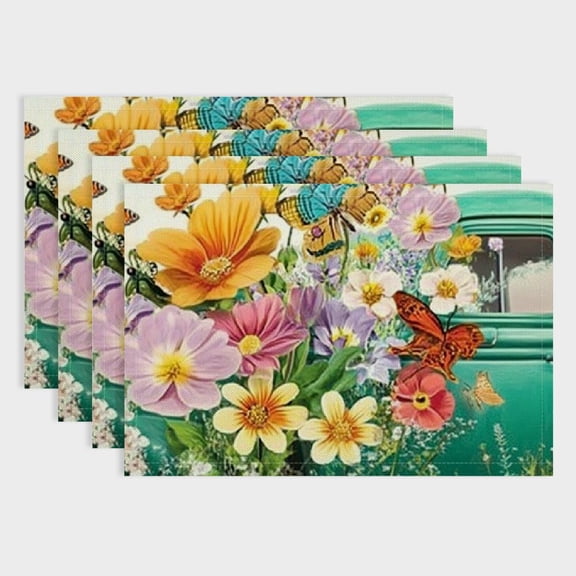 Shiartex Flowers Butterflies Truck Linen Cloth Placemat Set of 4 for Dining Tables, Home Decor, Heat Insulation, Washable 18x12in