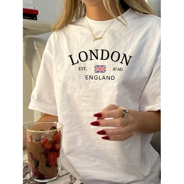 Camiseta De Verano Para Mujer, Cuello Redondo, Para Mochilero, Vacaciones En La Calle1pc Vintage London Print T-Shirt for Women, Geometric Pattern, Crew Neck, Short Sleeve, Regular Length, Knit Poly