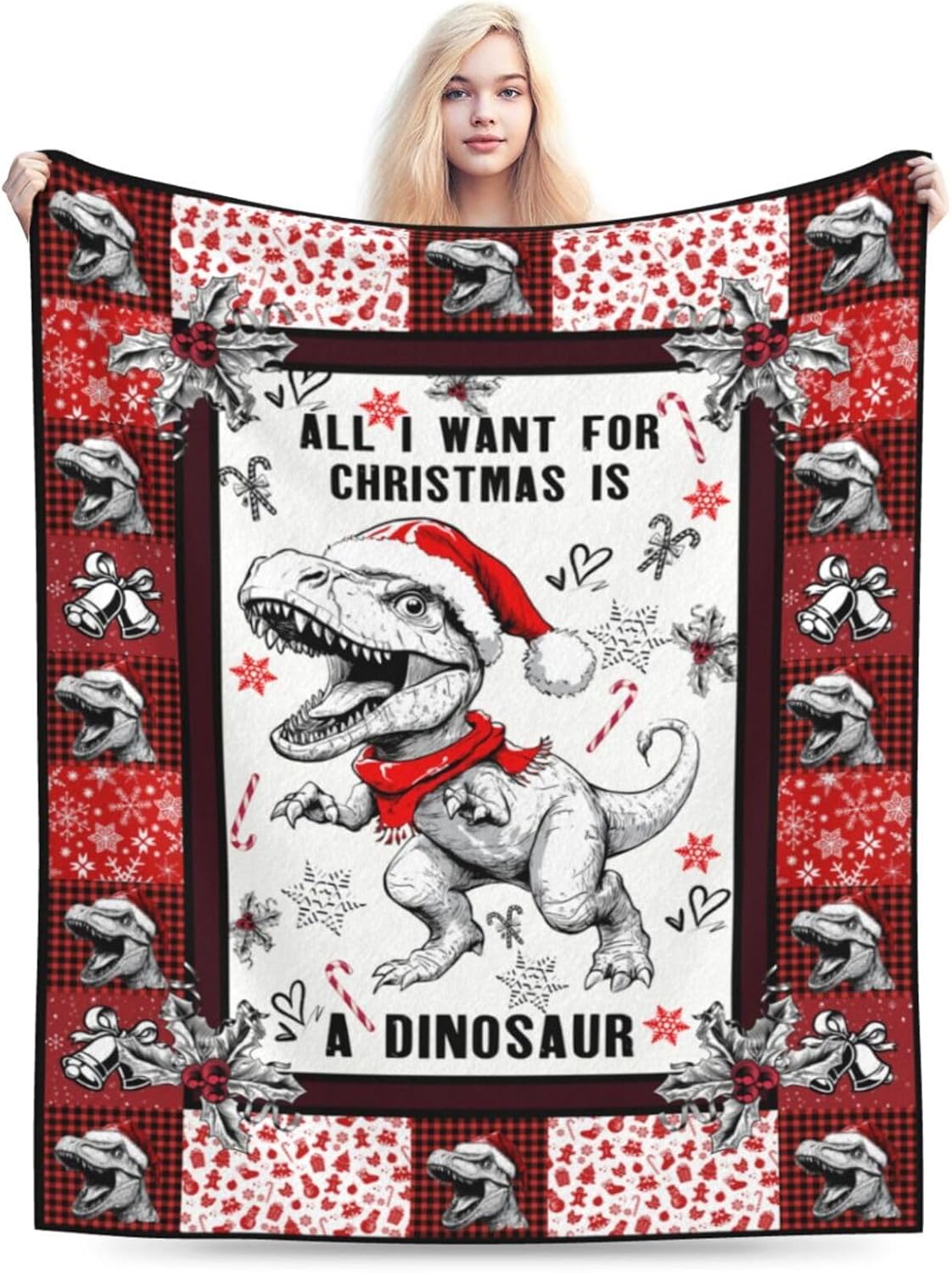 Christmas Dinosaur Blanket Cute Dinosaur Flannel Plush Throw Blanket Cozy Dinosaur Decor Fleece Bedding Stuff Blanket Gifts for Dinosaur Lover Girls Boys Kids Adults Women Bed Travel 60"x80"