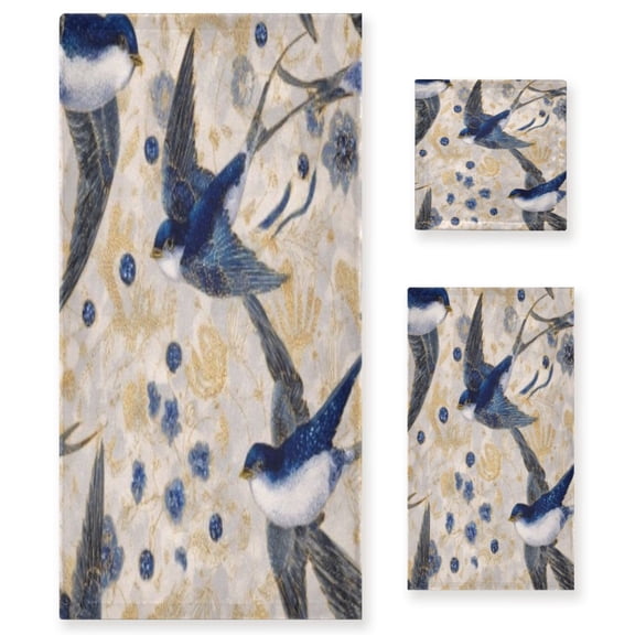 BZSMCE 3piece Bath Towel Sets Hand Bath Towels Fashion Indigo Swallows Printed Towel Sets