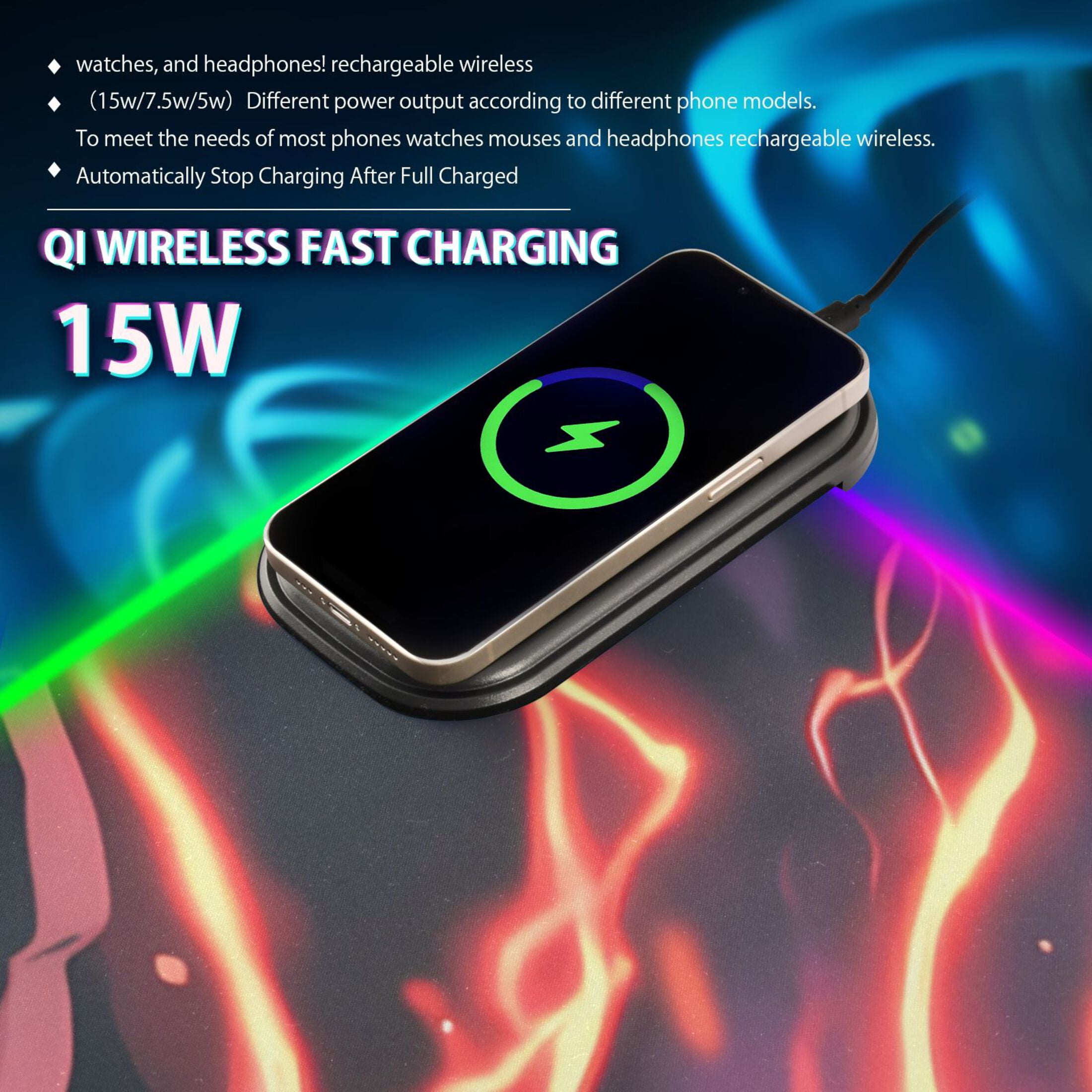 Wireless Charging Mouse Pad Large RGB Gaming Desk Mat 13 Light Modes Mousepad 31.5x11.8 Kamado Tanjirou Waving Sword