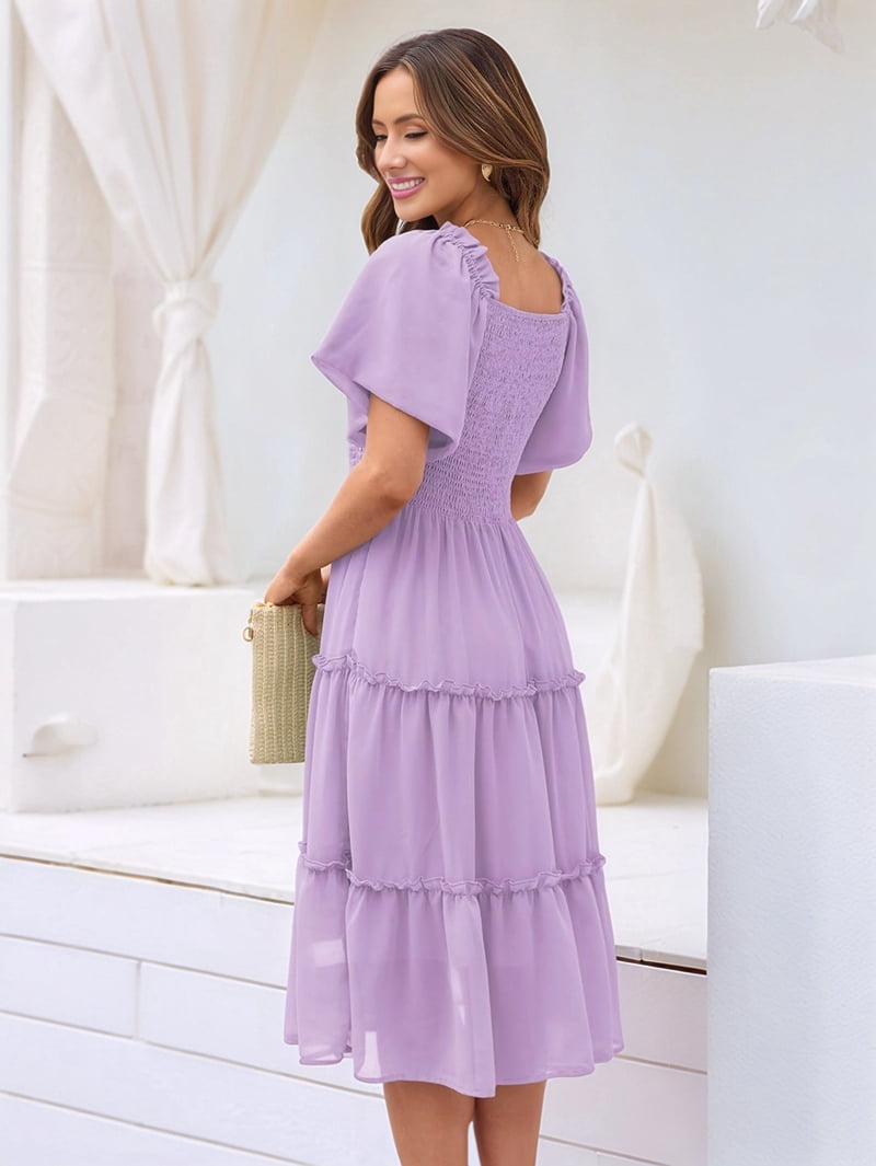 Women'S Summer Casual Flutter Sleeve Square Neck Smocked Midi Dress Light Purple XL