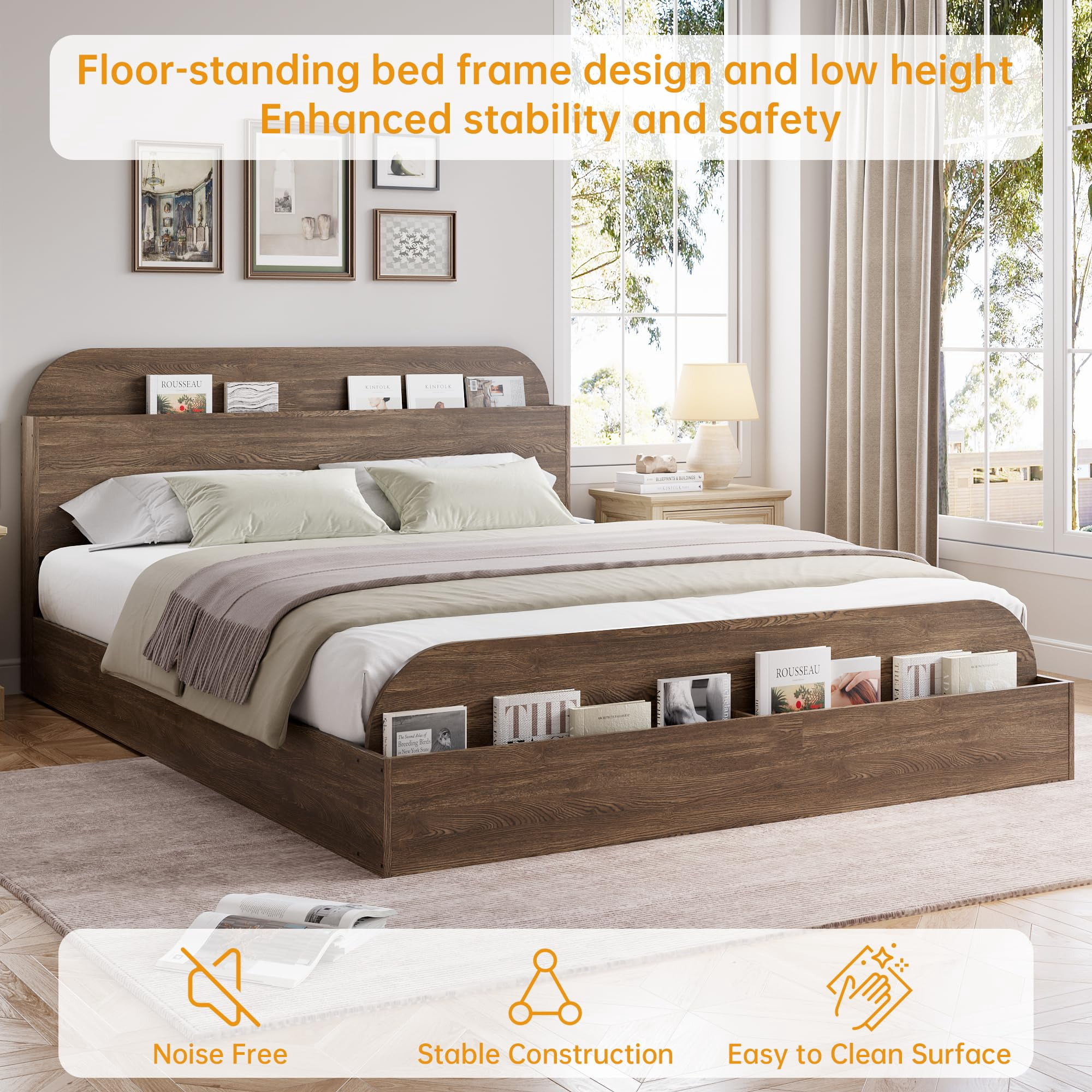 Kicctian Full Size Wooden Platform Bed Frame with Storage Headboard & Footboard – Sturdy Slats, No Box Spring Needed , Brown