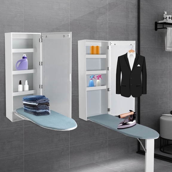14*6.89*37.4 Rectangular Bathroom Ironing Board Cabinet Wall Mounted Household 2 in 1 W/Mirror Hide Away