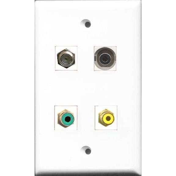 RiteAV 1 Port RCA Yellow and 1 Port RCA Green and 1 Port Coax Cable TV- F-Type and 1 Port 3.5mm Wall Plate