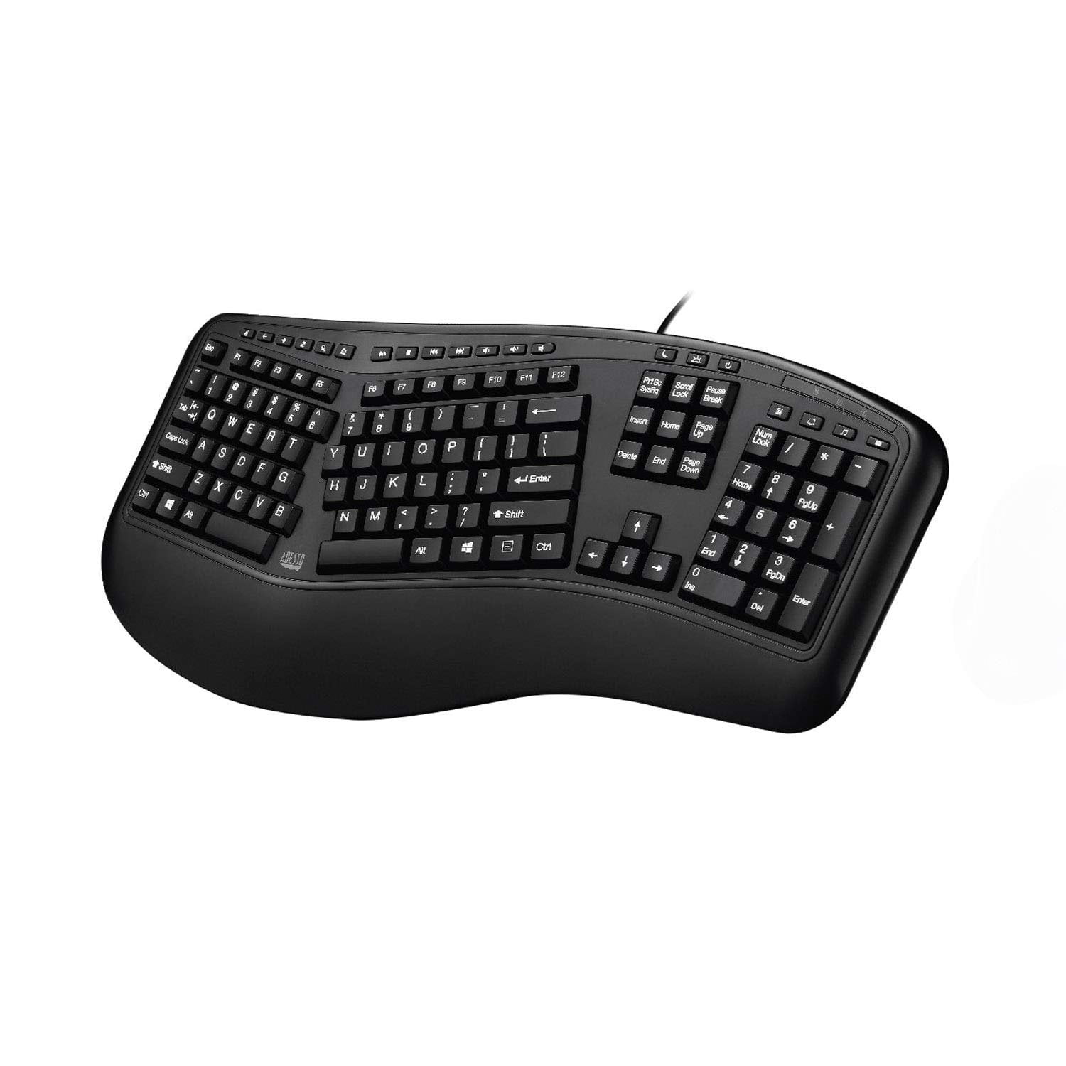 Adesso Ergonomic Split Keyboard AKB-150UB Comfort Ergo Design with Palm Rest, 105-Key US Layout, USB Connectivity, Multimedia & Internet Controls