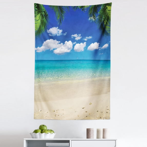 Island Tapestry, Sunny Island View Vacation Clear Sky Scenic Summer Seashore Picture, Fabric Wall Hanging Decor for Bedroom Living Room Dorm, 5 Sizes, Royal Blue Sand Brown, by Ambesonne