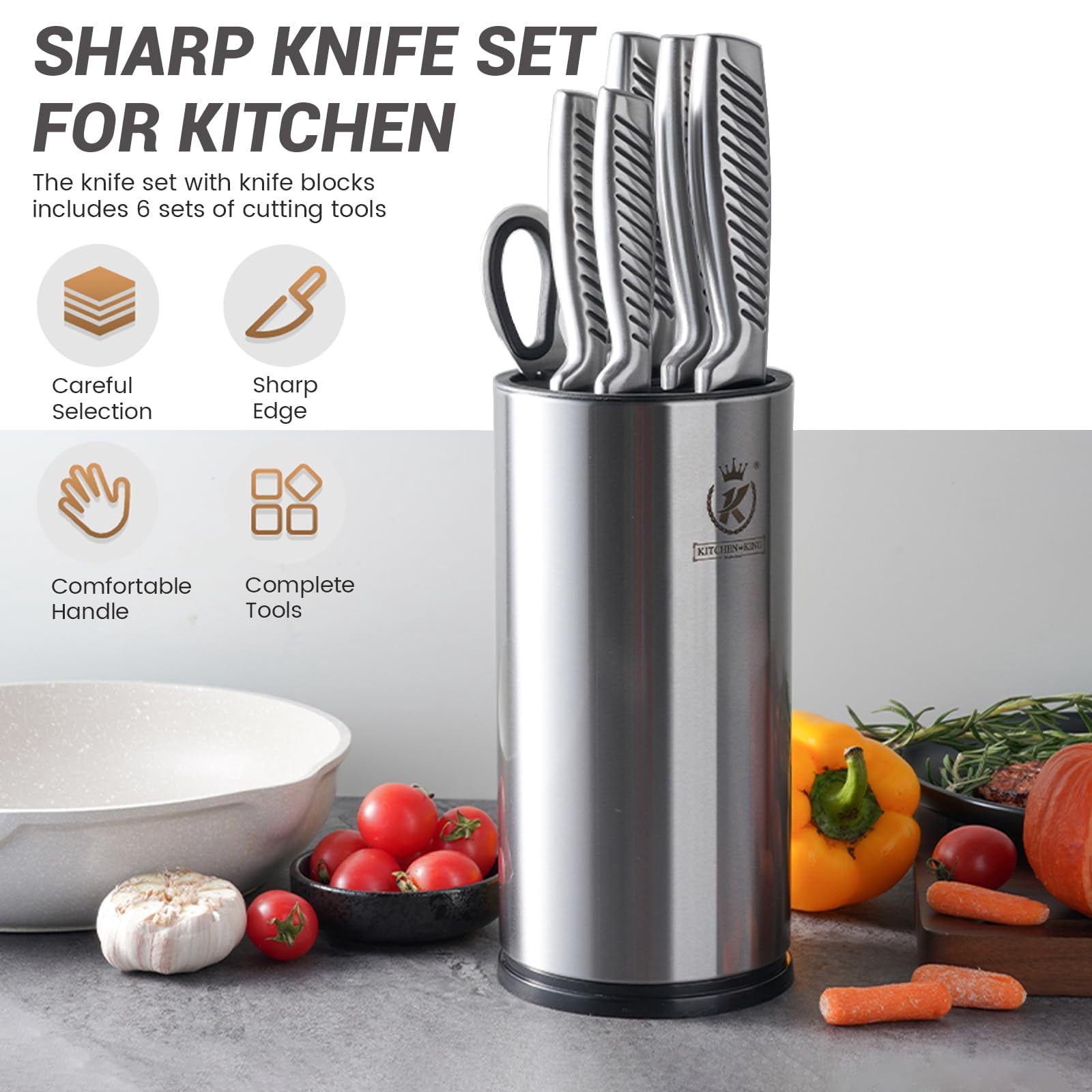 7-Piece Kitchen Knife Set with Block, Stainless Steel Sharp Blades, Anti-Slip Handle, Universal Knife Storage, Professional Cutting Essentials for Home & Apartment (Silver)