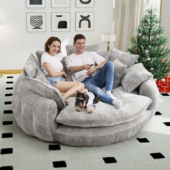 AENKYO 81" Oversized Double Loaf Sofa Bed for 2, Fluffy Cloud Round Chaise Lounge Chair with Memory Foam & 14 Pillows, Upholstered Deep Seat Daybed for Living Room, Bedroom, Light Gray