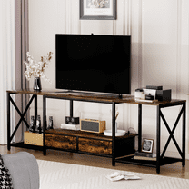 SESSLIFE LED TV Stand with Charging Station and 2 Fabric Drawers, Entertainment Center for TVs up to 75", TV Stand Table with Open Storage Shelves, Rustic Brown