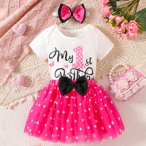 RMGVDSD Infant Baby Girls My 1St Birthday Outfits Letter Print Short Sleeve Romper Onesie A-Line Tutu Skirt With Headband Clothes Set Trendy Spring Clothes