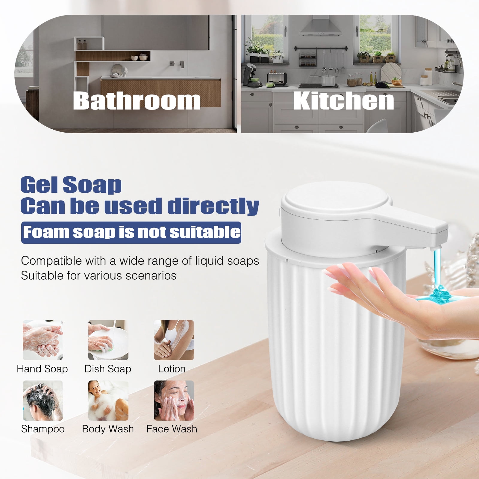Automatic Soap Dispenser Liquid Touchless 9oz Plastic White 3-Level Adjustable Modern Auto Soap Dispenser Bathroom Kitchen Hand Dish Lotion