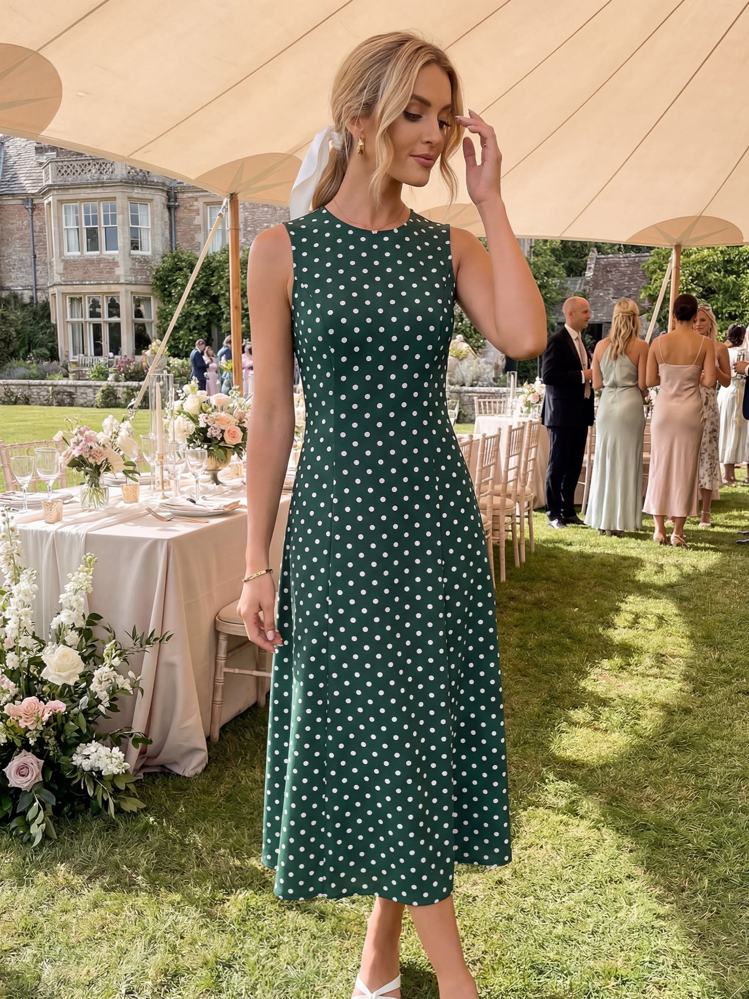 DARING DIVA Women's Polka Dots Sleeveless Vintage Crewneck Midi Dress M Dark Green