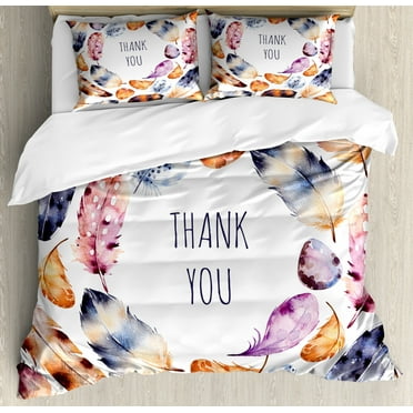 Tribal Decor King Size Duvet Cover Set, Bird Hawk Colored Feathers with Hand Written Thank You Note in Middle Print, Decorative 3 Piece Bedding Set with 2 Pillow Shams, Multicolor, by Ambesonne