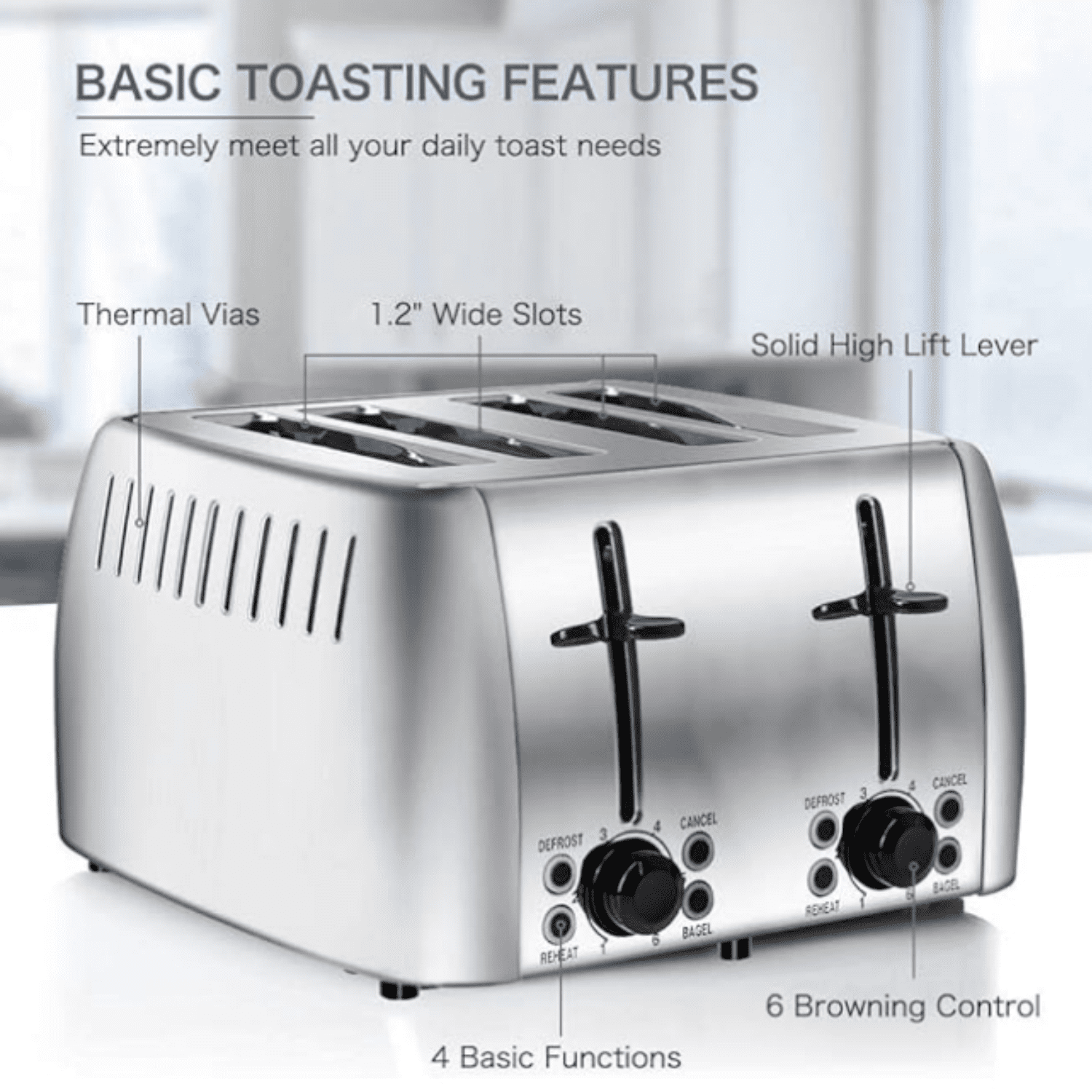 4 Slice Stainless Steel Bagel Toaster Extra Wide Slots with 6 Browning Setting, Bagel/Reheat/Defrost/Cancel Function for Toasting Bread, Bagels and Waffles, 1500W, Silver
