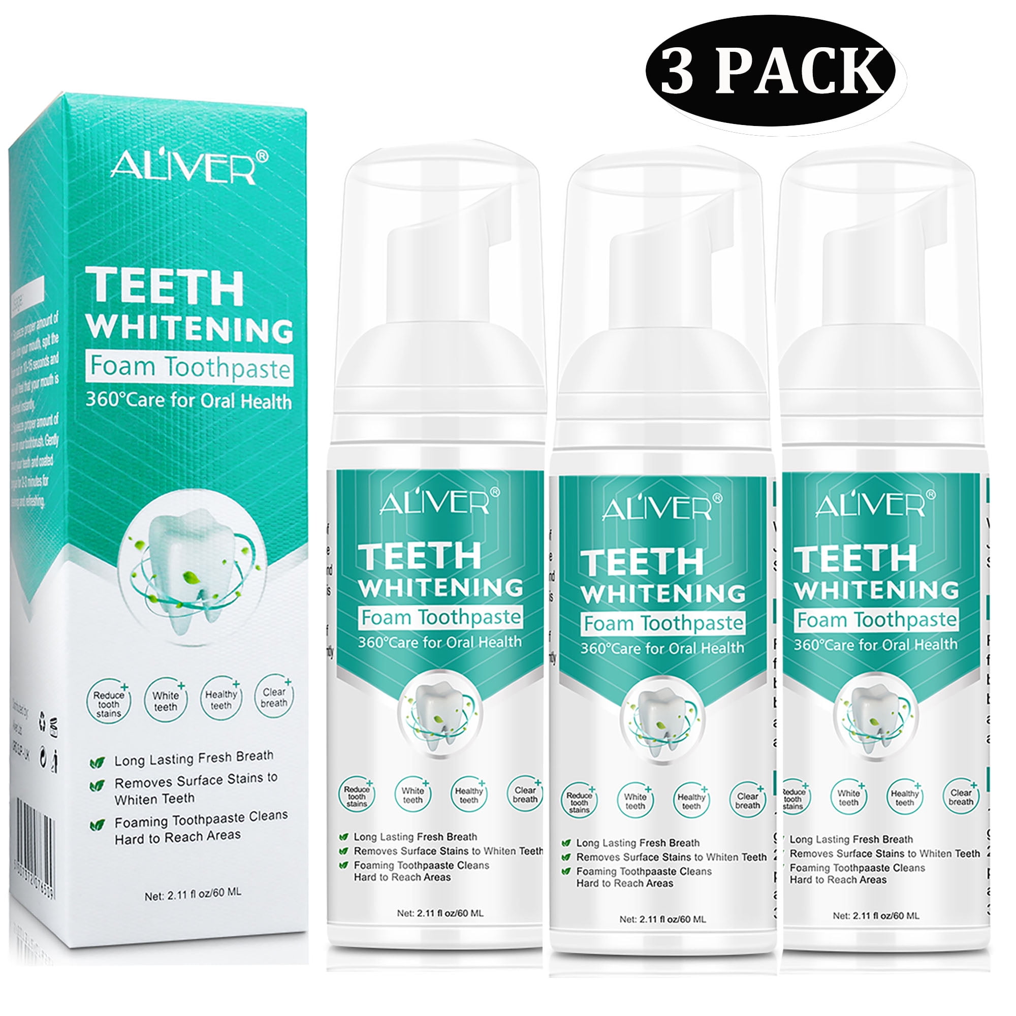 3Pack Teeth Whitening Foam Toothpaste Mint, Baking Soda Ultrafine