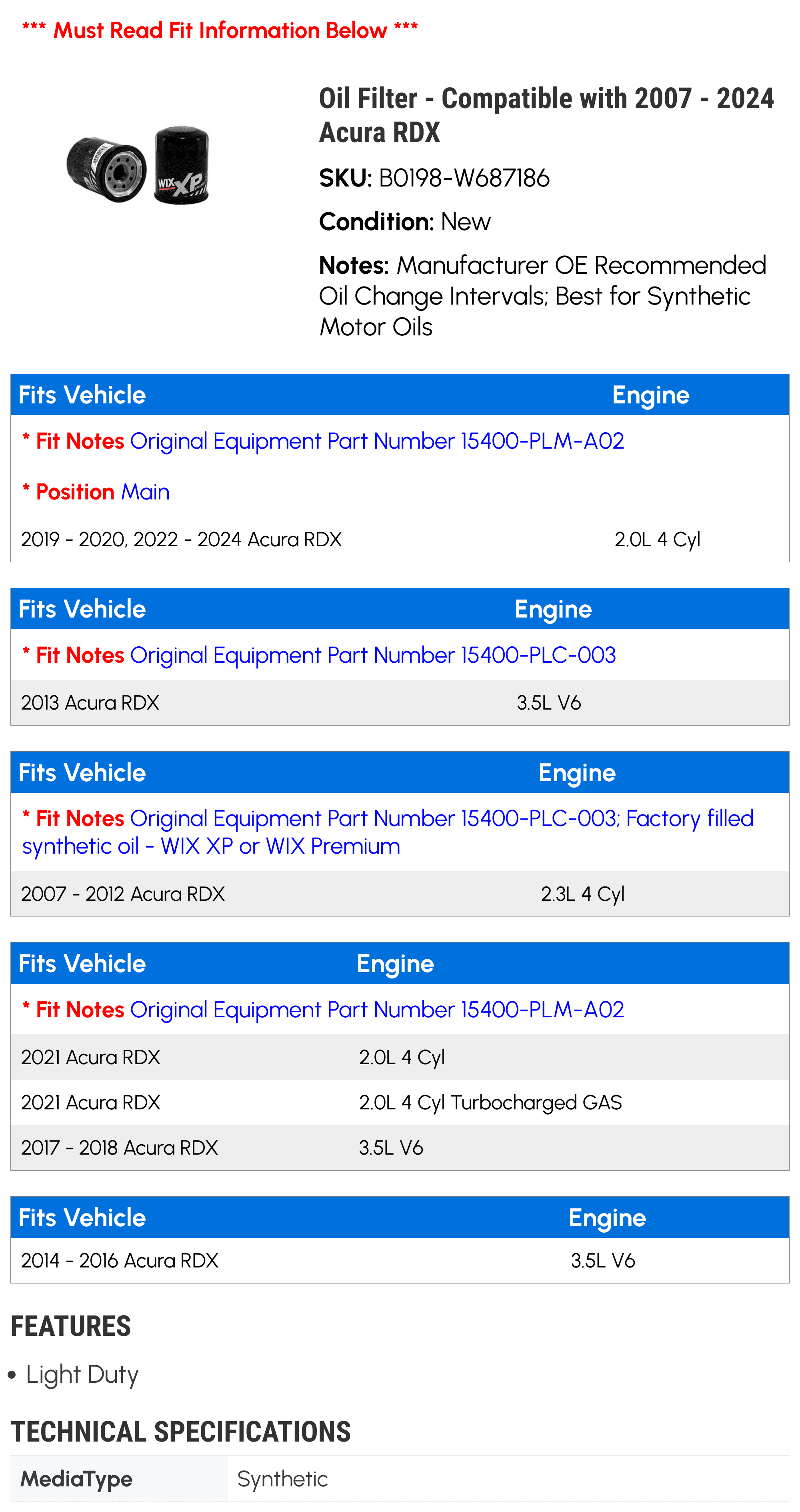 Oil Filter - Compatible with 2007 - 2024 Acura RDX 2008 2009 2010 2011 2012 2013 2014 2015 2016 2017 2018 2019 2020 2021 2022 2023
