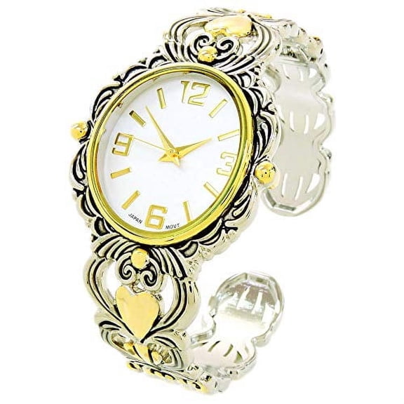 2Tone Metal Decorated Large Oval Face Women's Bangle Cuff Watch