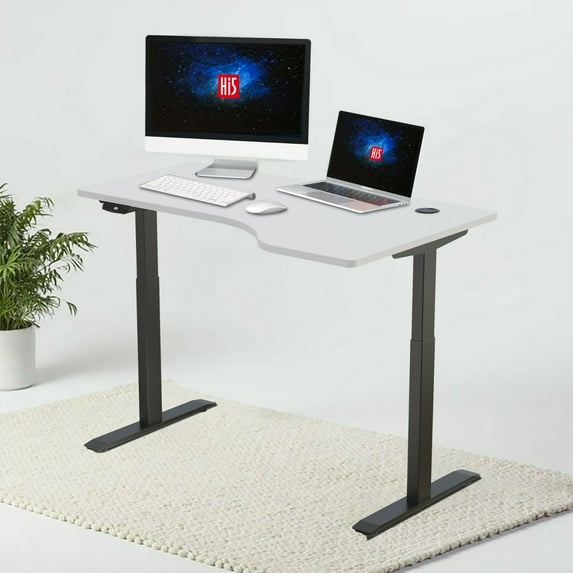 Hi5 L-Shaped (55"x33")Electric Height Adjustable Right Handed standing desk for Home Office Workstation -(Pure White top / Black frame)