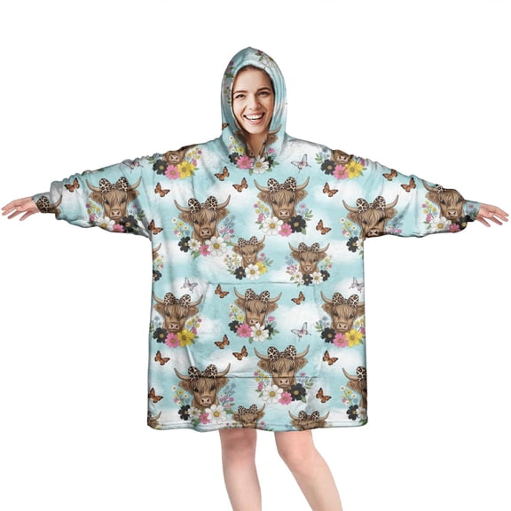 Blue Highland Cow Flower Butterfly Pattern Wearable Oversized Blanket,Wearable Blanket Hoodie for Adults,Cozy Hooded Blankets with Super Pockets,Super Warm Fuzzy Pullover for Women & Men