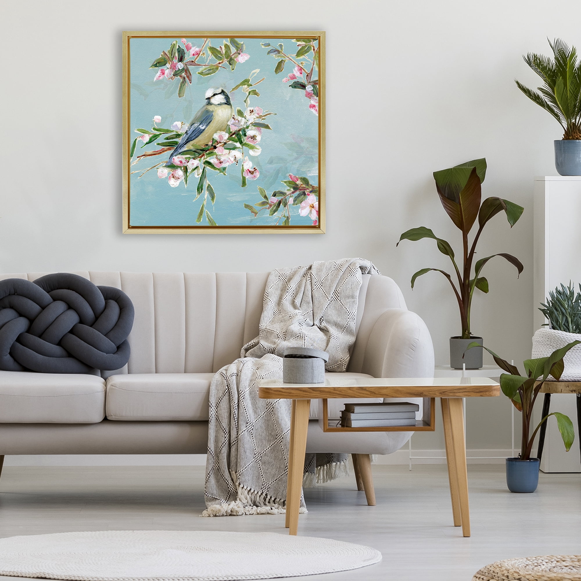Stupell Industries Songbird Perched on Blooms Gold Framed Floater Canvas Wall Art, design by Sally Swatland