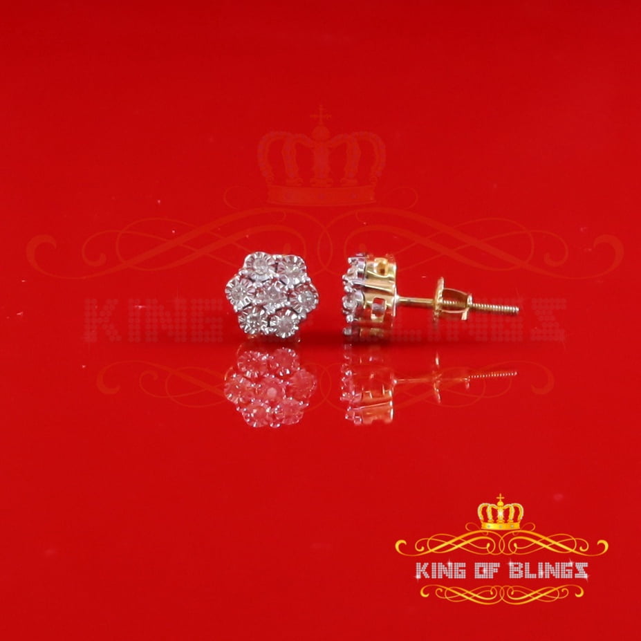 King of Bling's 10K Real Yellow Gold with Real 0.10CT Diamond Floral Men's/Women's Stud Earrings