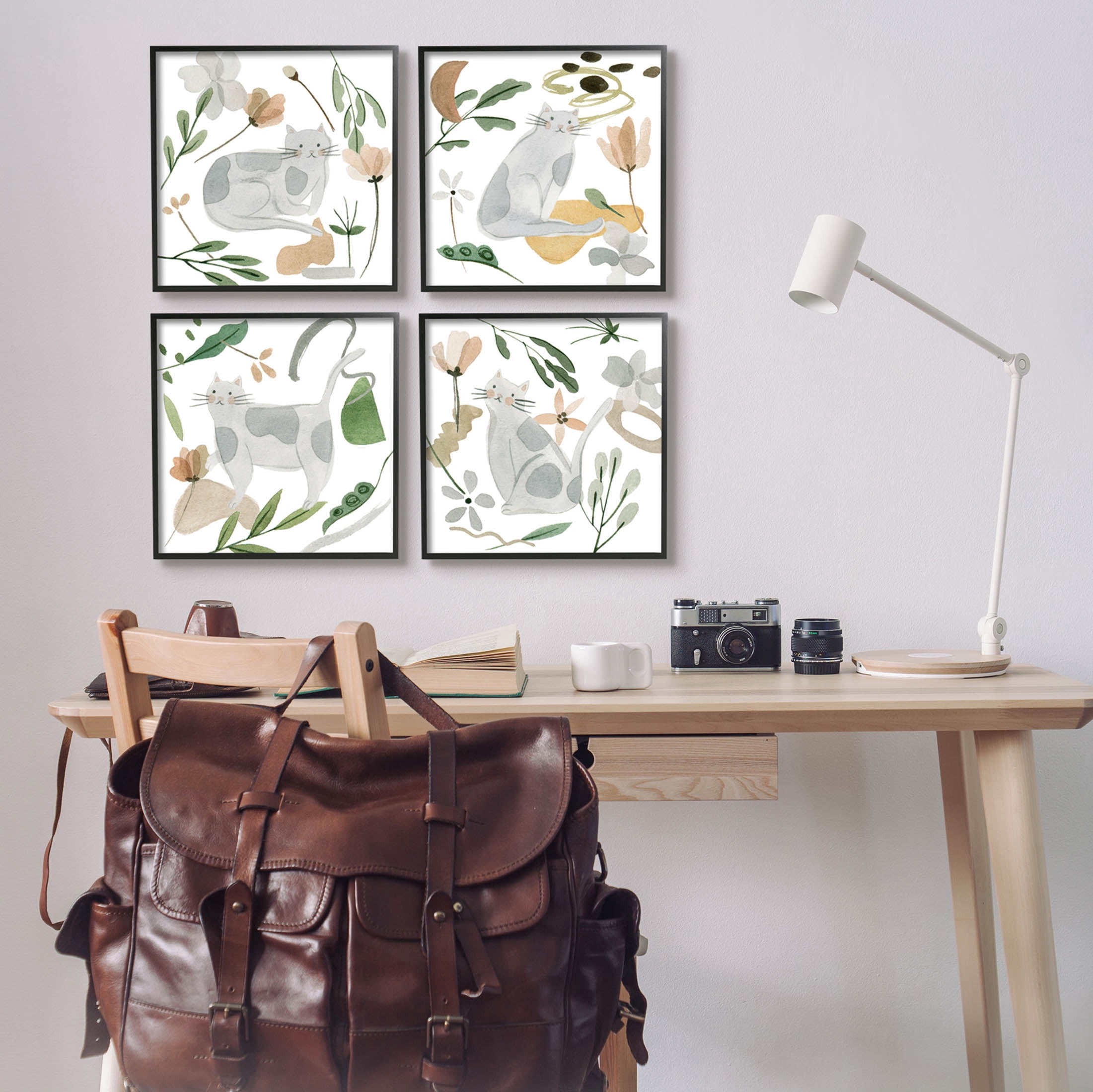 Stupell Industries Happy Cat Botanical Collage Graphic Art Black Framed Art Print Wall Art, Set of 4, Design by Melissa Wang