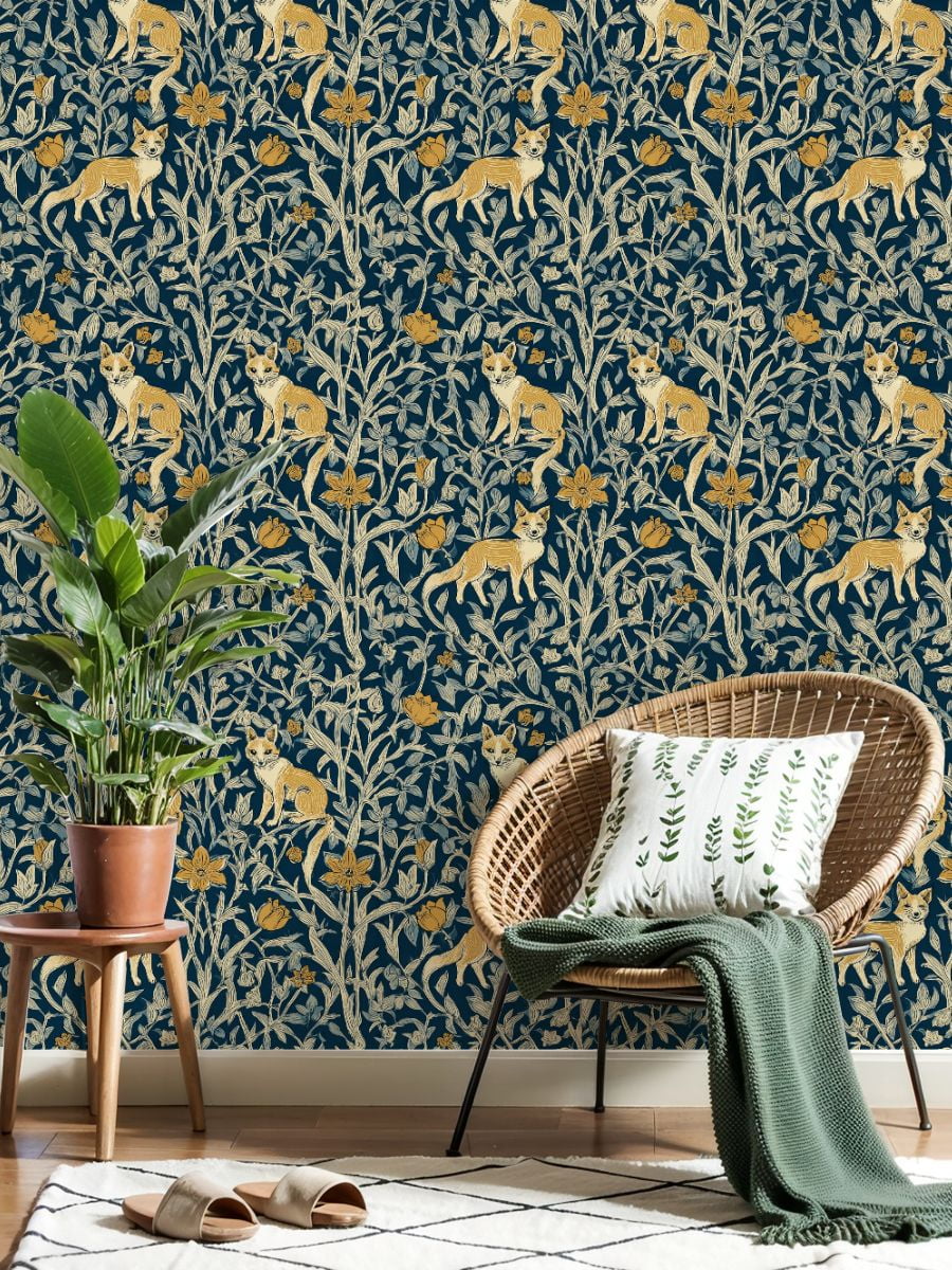 Hunt Peel and Stick Wallpaper 17.7in x 9.8ft Foxes Yellow Flowers Botanical Dark Blue Contact Paper Vinyl Waterproof Self Adhesive Wall Paper for Bedroom Shelf Cabinet Renter Friendly