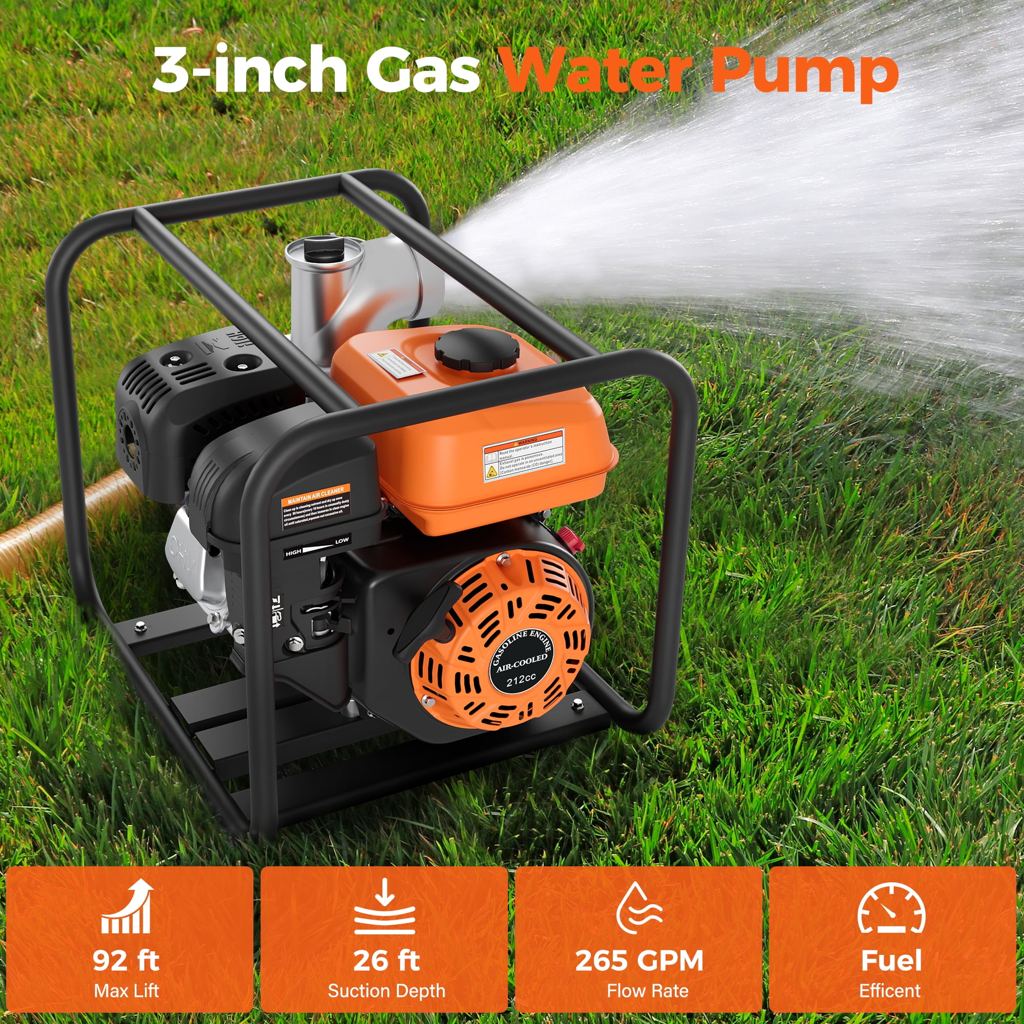 Efurden Gas Powered Water Pump, 3 inches 7HP 4-stroke Portable Irrigation Pump, 135 GPM Water Transfer Pump, EPA Certified