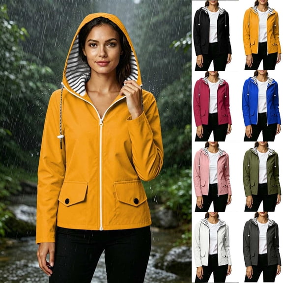 Sheghy Womens Color Thin Jacket Sunscreen Waterproof Outdoor Hiking Sports Drawstring Long Sleeve Hooded Jacket Coat Black S