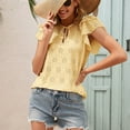 thumbnail image 2 of Defitshape Women's Flutter Short Sleeve T Shirt Cotton Summer Eyelet Top Cute Loose Flowy Lightweight Key Hole Knotted Ruffle V Neck Blouse Yellow Large, 2 of 4