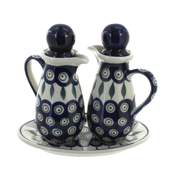 Blue Rose Polish Pottery Peacock Oil & Vinegar Set