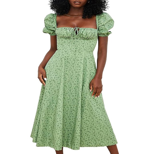 EIMELI Robe Boho Cottagecore pour Femmes à Manches Bouffantes Robe Vintage à Encolure Carrée Robe Fendue à Fleurs Flatteuse Maxi Longue Robes d'Été