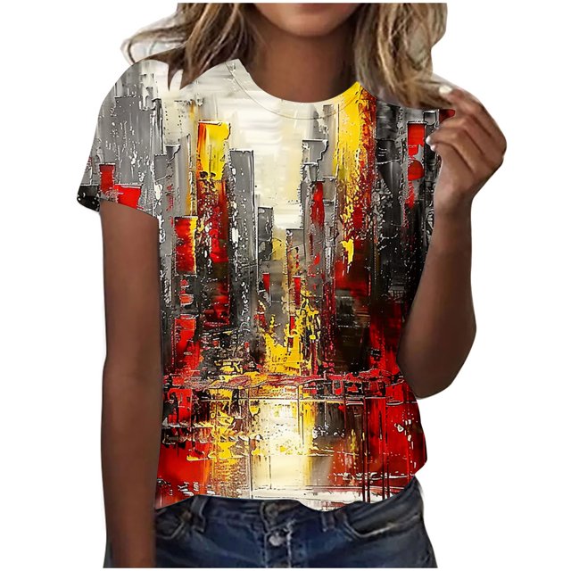 Culottes pour Femmes Hauts Tendance Décontracté Col Rond Imprimés Manches Courtes T-Shirt Col Rond 4TG Multicolore