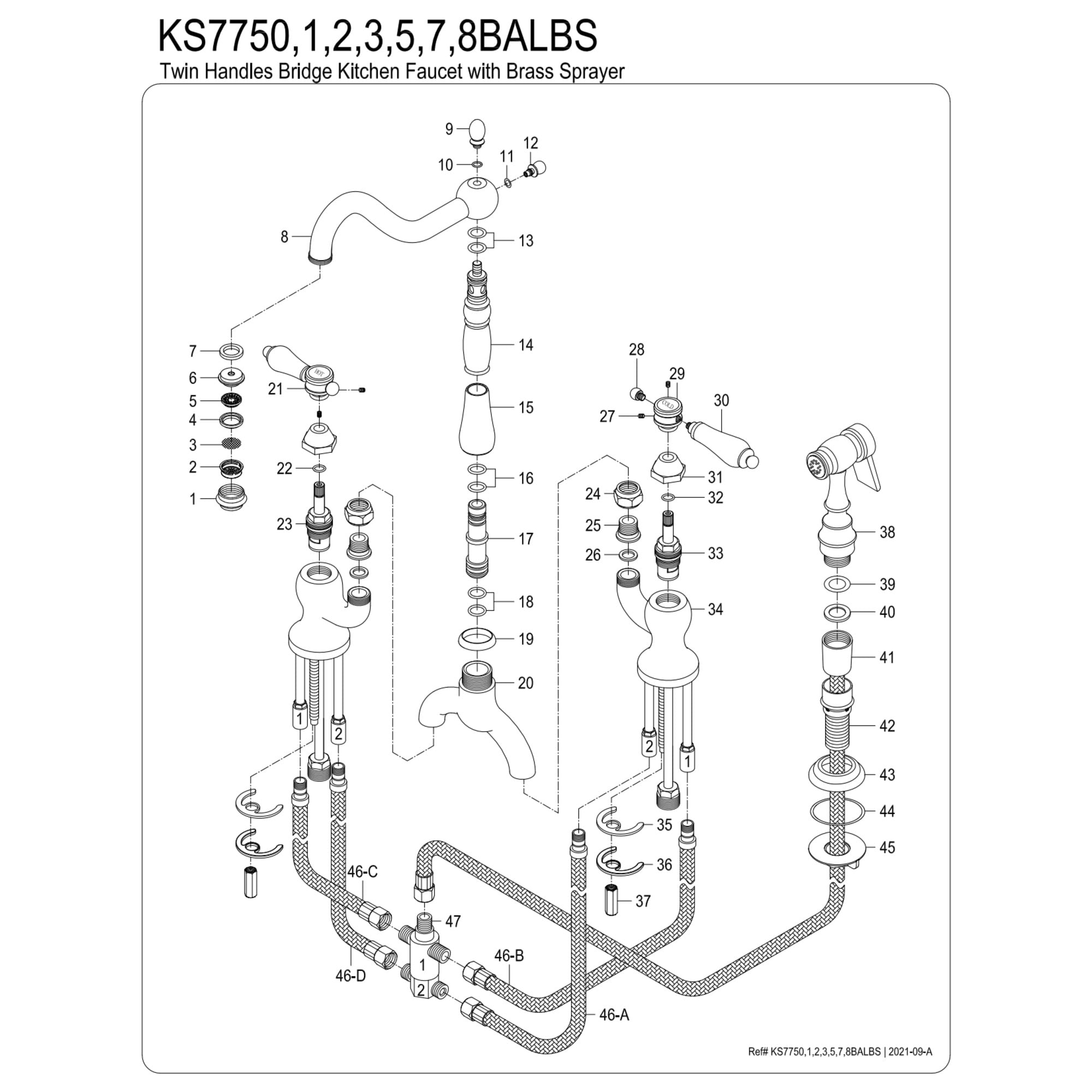 Kingston Brass KS7758BALBS Heirloom Two-Handle 3-Hole Deck Mount Bridge Kitchen Faucet with Brass Side Sprayer in Brushed Nickel