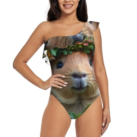 Gukieu Flower Crown Guinea Pig Print One-shoulder Ruffled One-piece Swimsuit with Removable Chest Pads and Tummy-control Swimsuit for Women-XX-Large