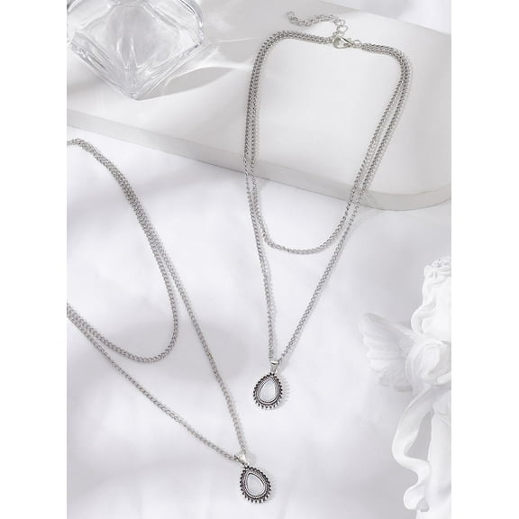 2Pcs Teardrop Pendant Double Layered Necklaces Silver Drop Pendant Necklaces Elegant Adjustable Silver Chain Necklaces